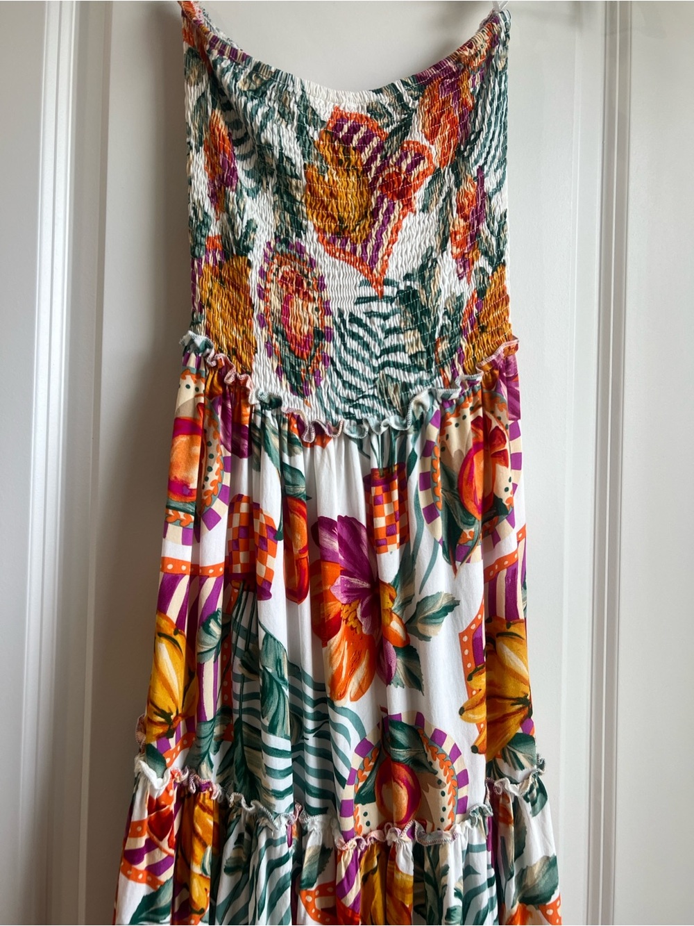 Smocked Floral Maxi Dress in White with Orange & Pink Print - Picture 2 of 4